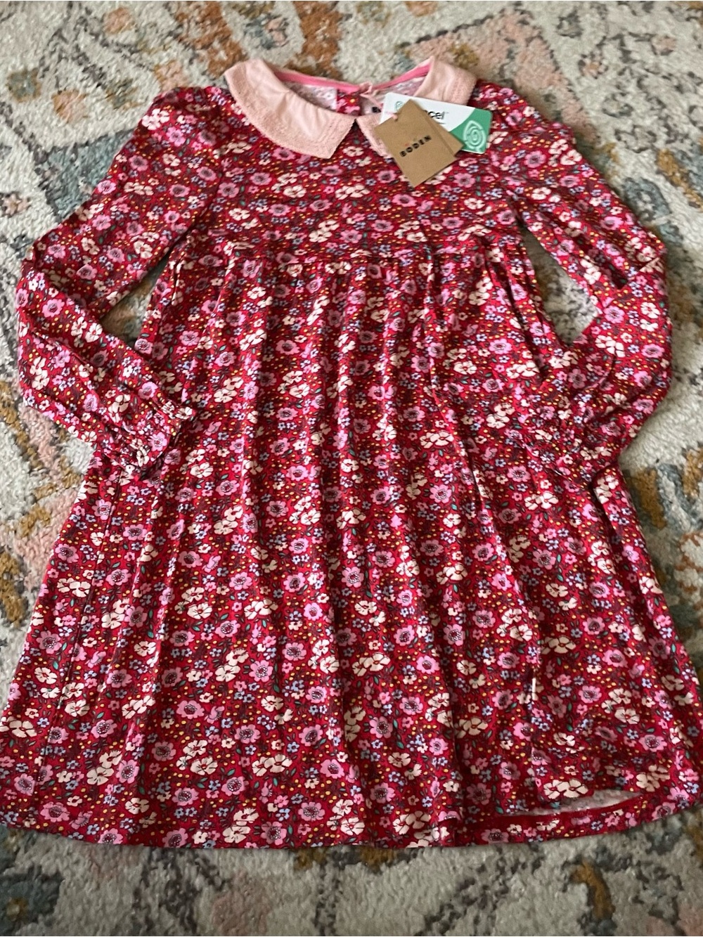 NWT Mini Boden Girls Red Floral Long-Sleeve Dress with Pink Peter Pan Collar